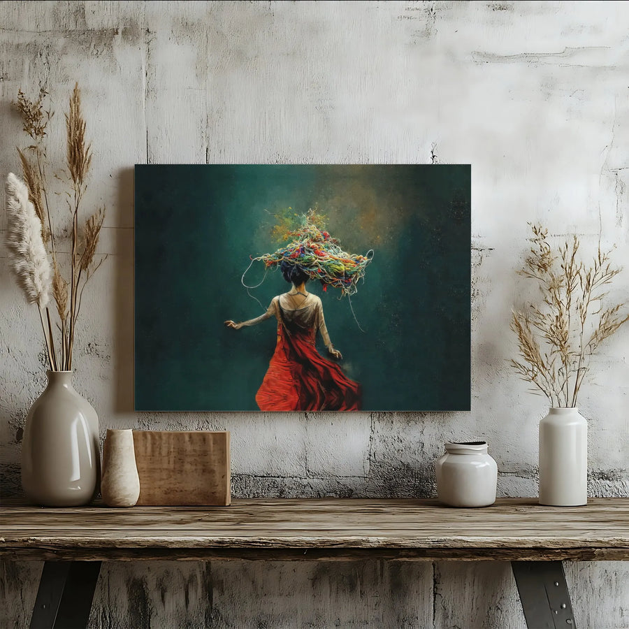 Abstract Woman in Red Dress Canvas Art | Surreal Tangled Thoughts Portrait | Gallery Quality 1.25-inch Profile | Modern Home Decor Wall Print