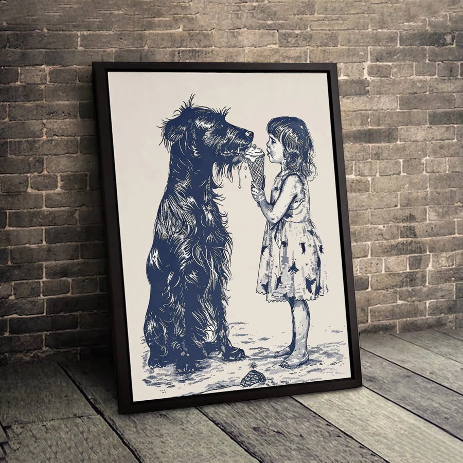 Vintage Dog and Girl Canvas Art | Sharing Ice Cream Illustration Print | Gallery Quality 1.25" Canvas Wall Decor | Heartwarming Gift for Dog Lovers