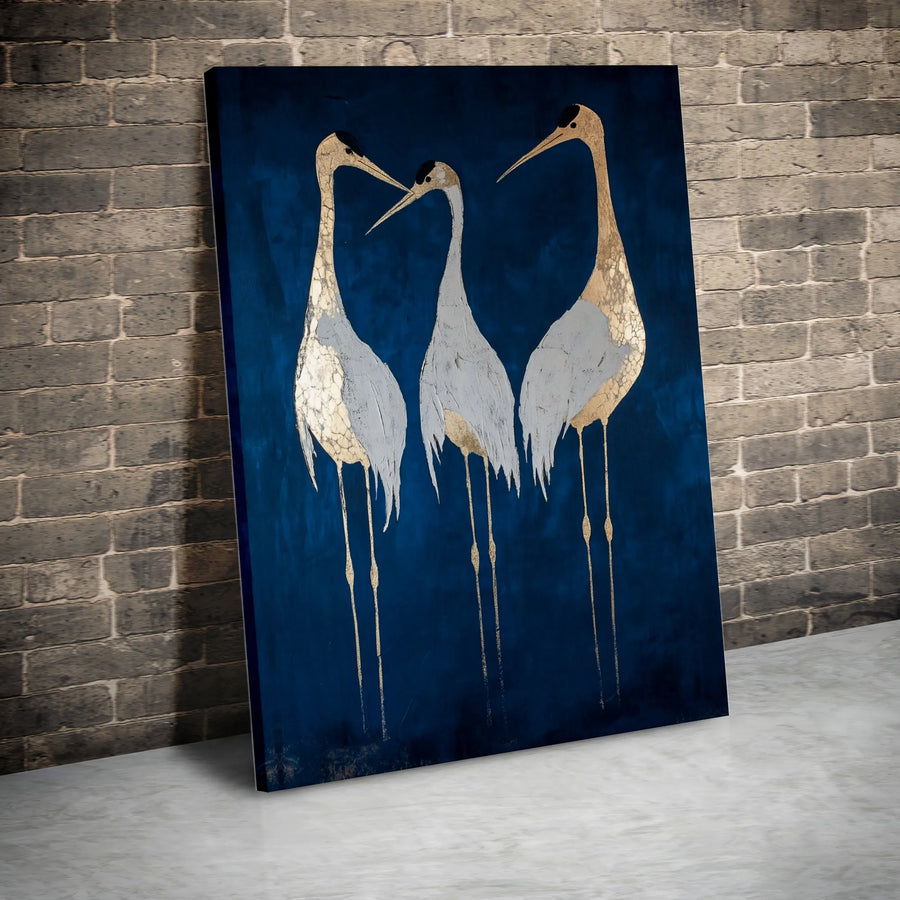 Abstract Crane Canvas Wall Art | Navy Blue And Gold Leaf Bird Print | Premium 1.25 Inch Gallery Wrap | Modern Home Decor For Living Room