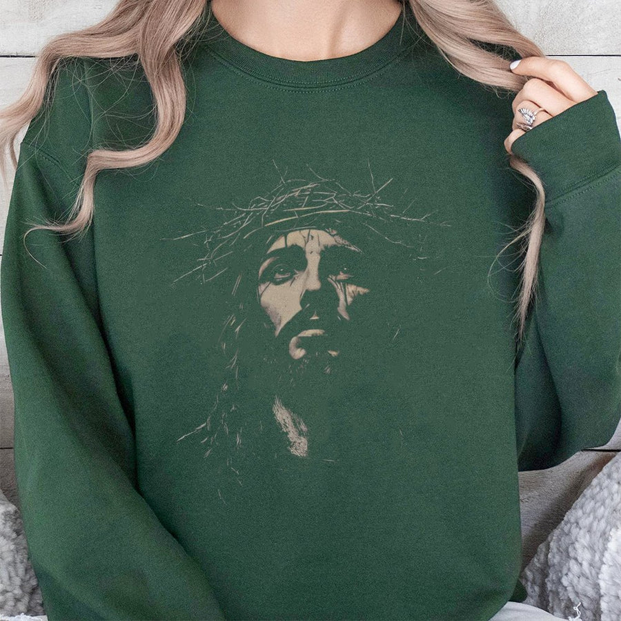Jesus Crown Of Thorns Sweatshirt | Religious Graphic Faith Apparel | Premium Cotton Blend | Christian Gift For Men And Women