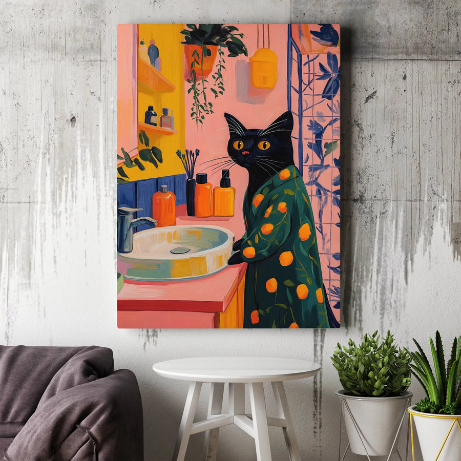 Black Cat Bathroom Wall Art | Quirky Mid Century Modern Decor | Premium Gallery Wrap Canvas | Unique Gift for Cat Lovers