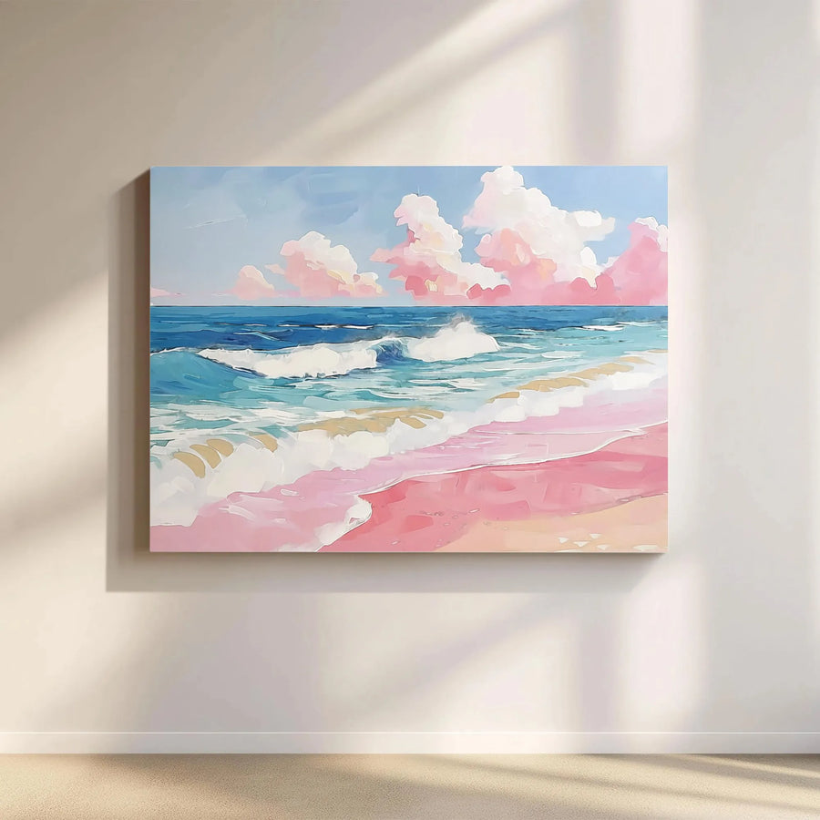 Pink Sand Beach Canvas Wall Art | Aesthetic Ocean Painting Print | Premium Gallery Wrapped Canvas | Coastal Bedroom Decor Gift