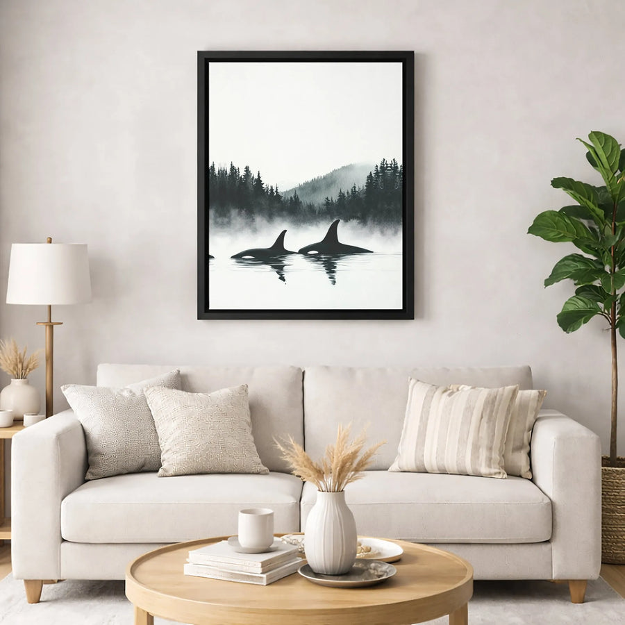 Orca Wall Art | Misty Forest Ocean Wildlife Canvas Print | Premium Fade-Resistant Gallery Wrap | Modern Coastal Home Decor
