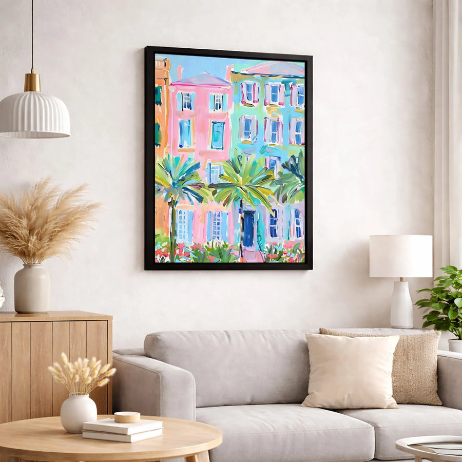 Charleston Rainbow Row Canvas Art | Colorful Tropical Palm Tree Painting | Premium 1.25 Inch Gallery Wrap | Coastal Wall Decor for Home