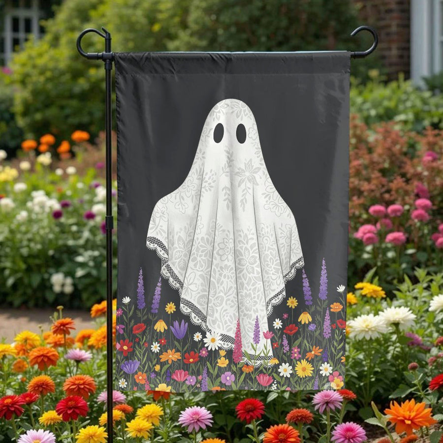 Lace Ghost Garden Flag | Spooky Floral Halloween Yard Decor | Premium Weather-Resistant Polyester | Cottagecore Autumn Home Gift