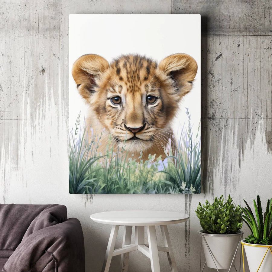 Baby Lion Cub Canvas Wall Art | Watercolor Safari Animal Print | Premium Gallery-Wrapped 1.25" Profile | Nursery Decor or Wildlife Gift