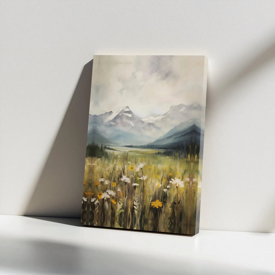 Mountain Wildflower Canvas Art | Misty Valley Landscape Painting | Premium Gallery Wrapped Print | Rustic Home Decor Gift for Nature Lovers