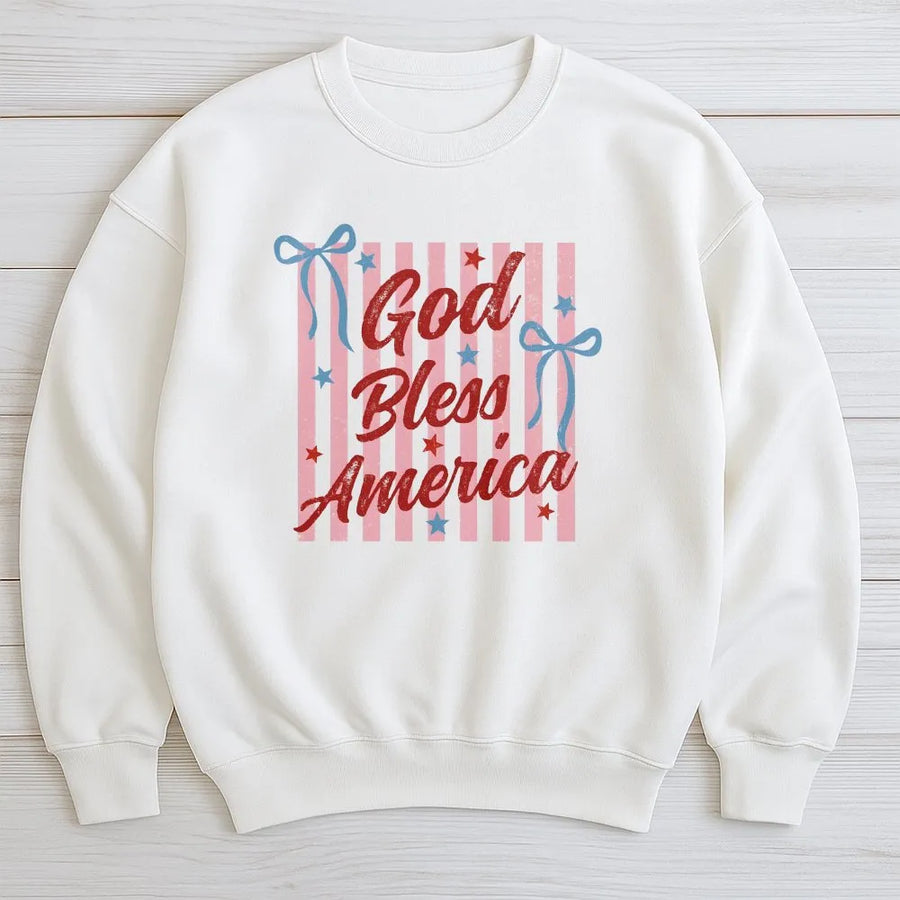 Patriotic 4th of July Sweatshirt | God Bless America Striped Graphic | Premium Soft Cotton Blend | USA Pride Gift for Women