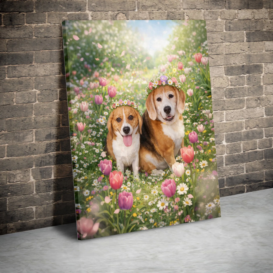 Beagle Dogs Canvas Wall Art | Spring Meadow Floral Crown Portrait | Gallery Quality Print | Premium Gift for Beagle Owner