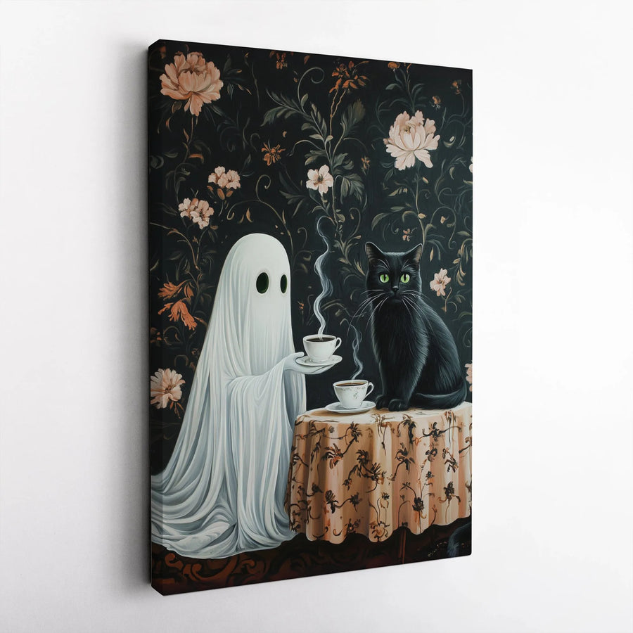 Ghost With Black Cat Canvas Print | Spooky Cottagecore Floral Art | Premium Fade-Resistant Gallery Wrap | Whimsical Home Decor Gift