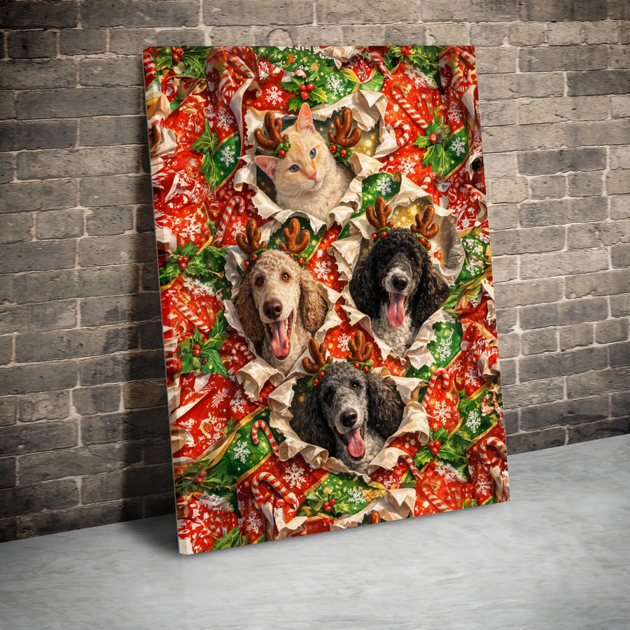 Christmas Pet Burst Canvas Wall Art | Funny Cat & Poodles with Reindeer Antlers | Premium 1.25" Thick Gallery Wrap | Holiday Home Decor Gift for Pet Lovers