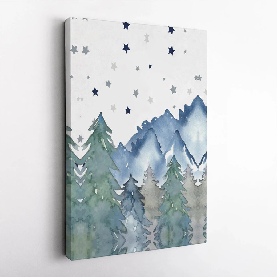 Watercolor Mountain Forest Canvas Wall Art | Snowy Peaks and Pine Tree Landscape | Premium Gallery Wrap Stretched Canvas | Rustic Nursery or Office Decor Gift