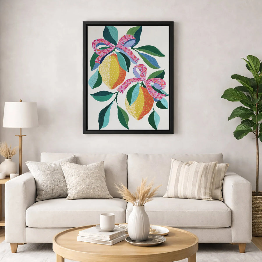 Lemon Wall Art with Pink Bows | Mediterranean Fruit Botanical Canvas Print | Premium Gallery-Wrapped Decor | Whimsical Kitchen & Dining Room Gift