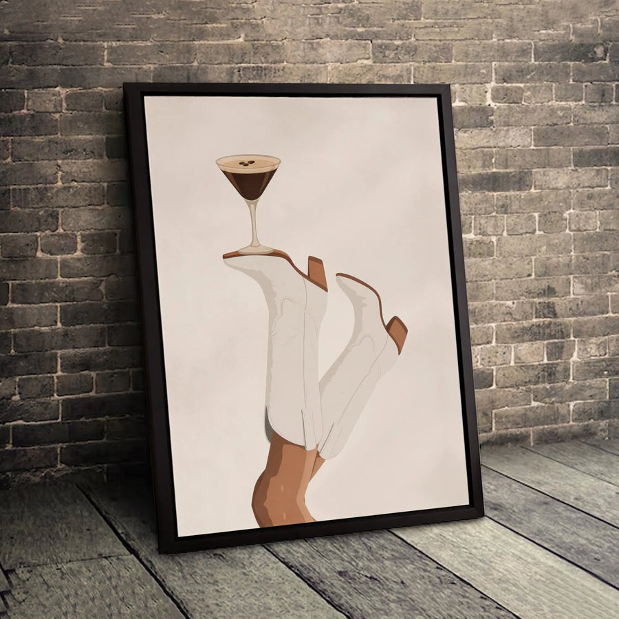 Espresso Martini Wall Art | White Cowboy Boots Cocktail Illustration | Gallery-Quality 1.25" Canvas | Trendy Bar Decor for Home or Kitchen