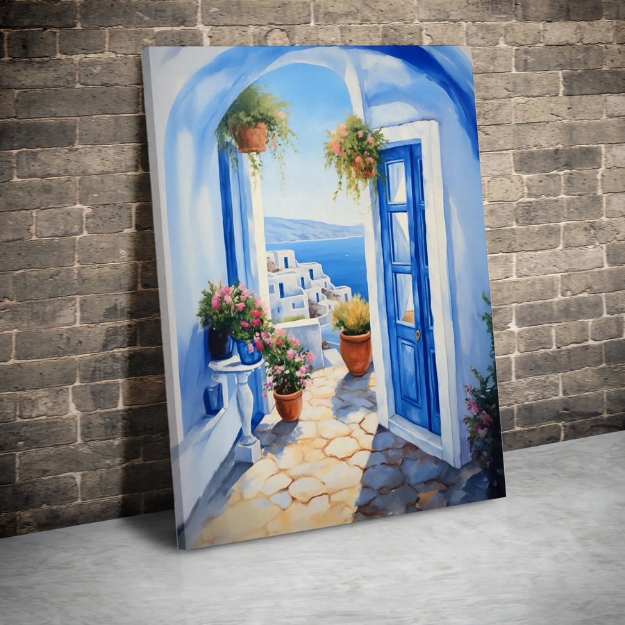 Santorini Greece Canvas Art | Mediterranean Coastal Seascape with Blue Door | Premium Fade-Resistant Gallery Wrap | Elegant Home Decor Wall Art