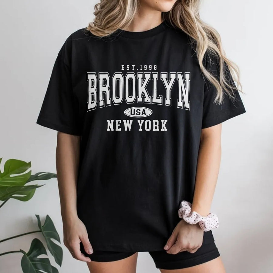 Brooklyn New York T-Shirt | Vintage Varsity College Style Graphic | Premium Soft Cotton Tee | Unisex NYC Souvenir Gift for Men and Women