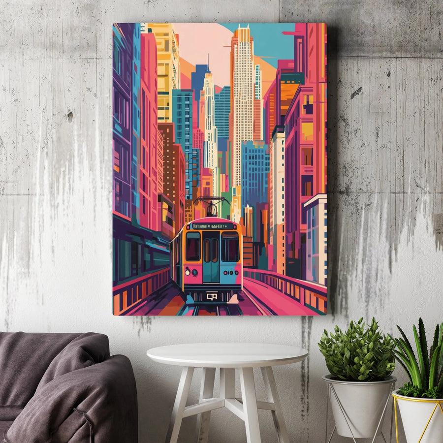 Urban Cityscape Canvas Print | Modern Pop Art Subway Train | Gallery Wrap 1.25" Profile | Vibrant Home Decor Wall Art
