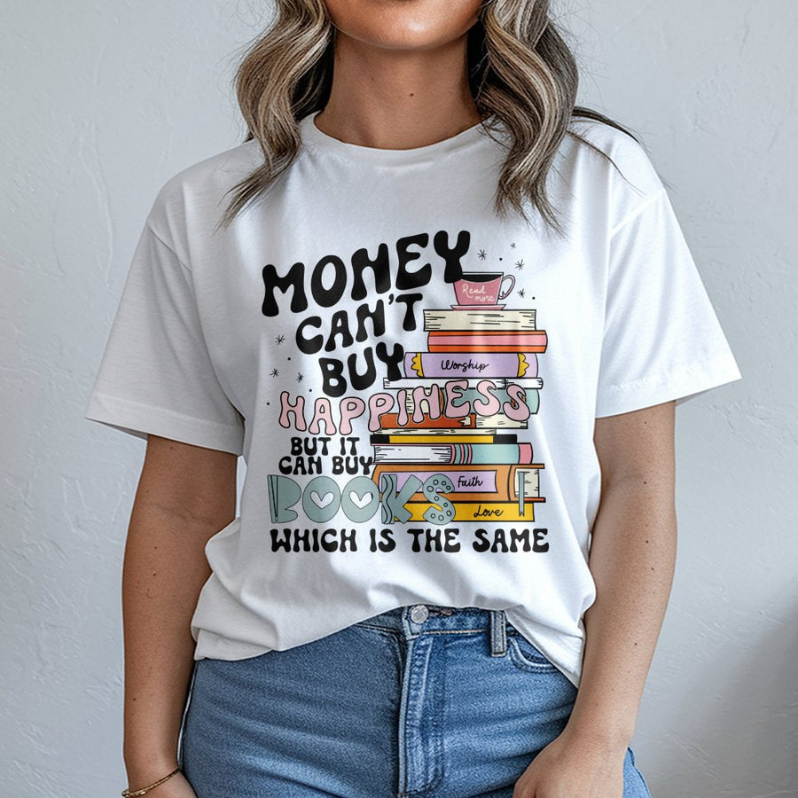 Money Can't Buy Happiness But It Can Buy Books T-Shirt | Retro Reading Graphic Tee | 100% Cotton Premium Quality | Reader Gift for Book Lovers