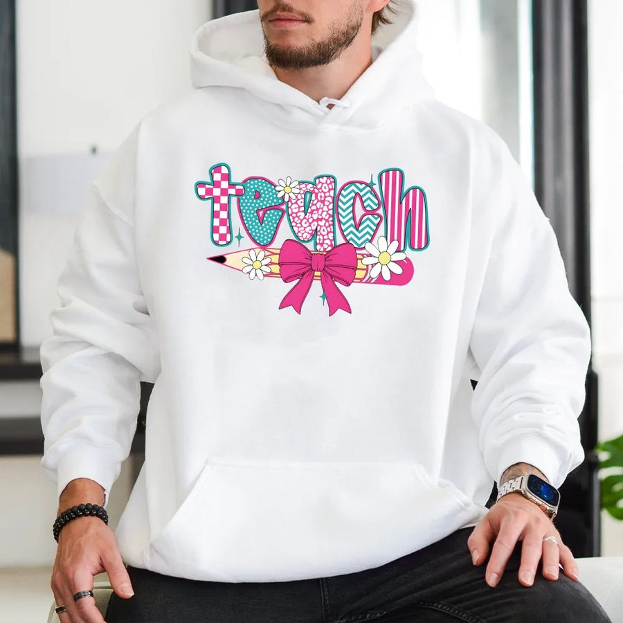 Coquette Teacher Hoodie | Retro Floral Pencil & Teach Graphic | Soft Cotton Tee | Teacher Appreciation Gift for Her