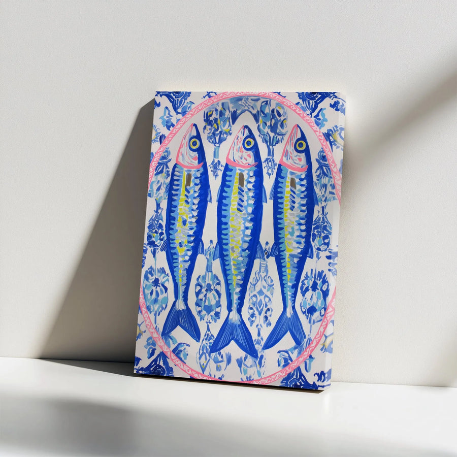Blue Fish Canvas Wall Art | Mediterranean Azulejo Tile Print | Premium Gallery Wrap Decor | Coastal Kitchen Beach House Gift