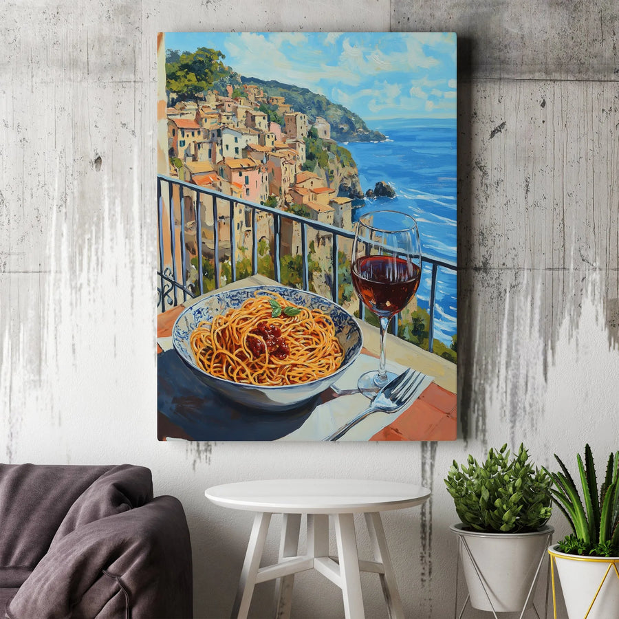 Italian Coastal Village Canvas Print | Spaghetti and Wine View | Premium Gallery Wrap Wall Art | Kitchen Decor Gift for Food Lovers