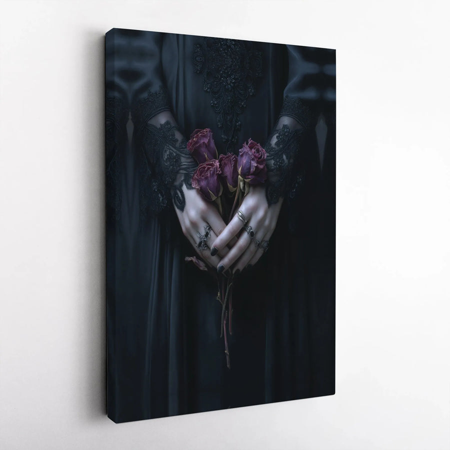 Gothic Wall Art Canvas | Dark Victorian Lace Woman With Dried Roses | Premium Gallery Wrapped Decor | Moody Witchy Aesthetic Home Gift