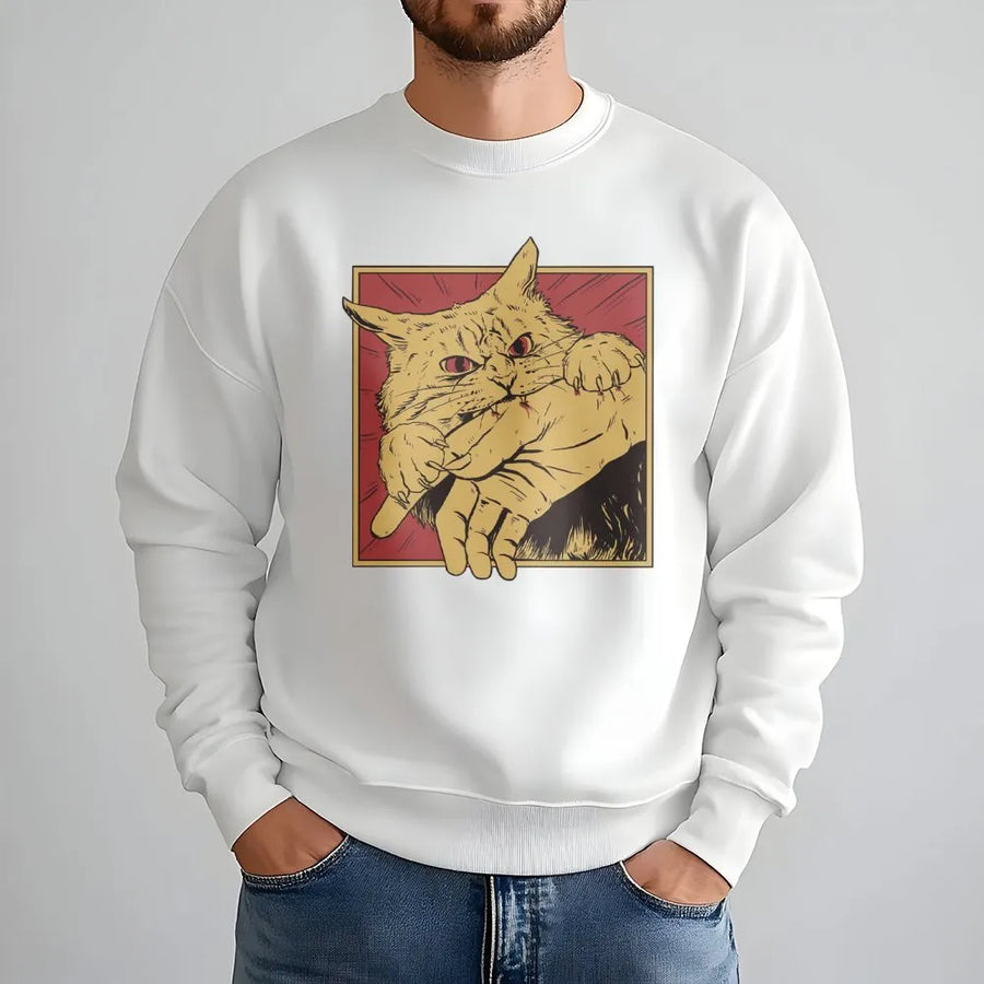 Angry Cat Bite Sweatshirt | Retro Horror Graphic Design | Premium Cotton Blend | Funny Pet Lover Gift For Men And Women