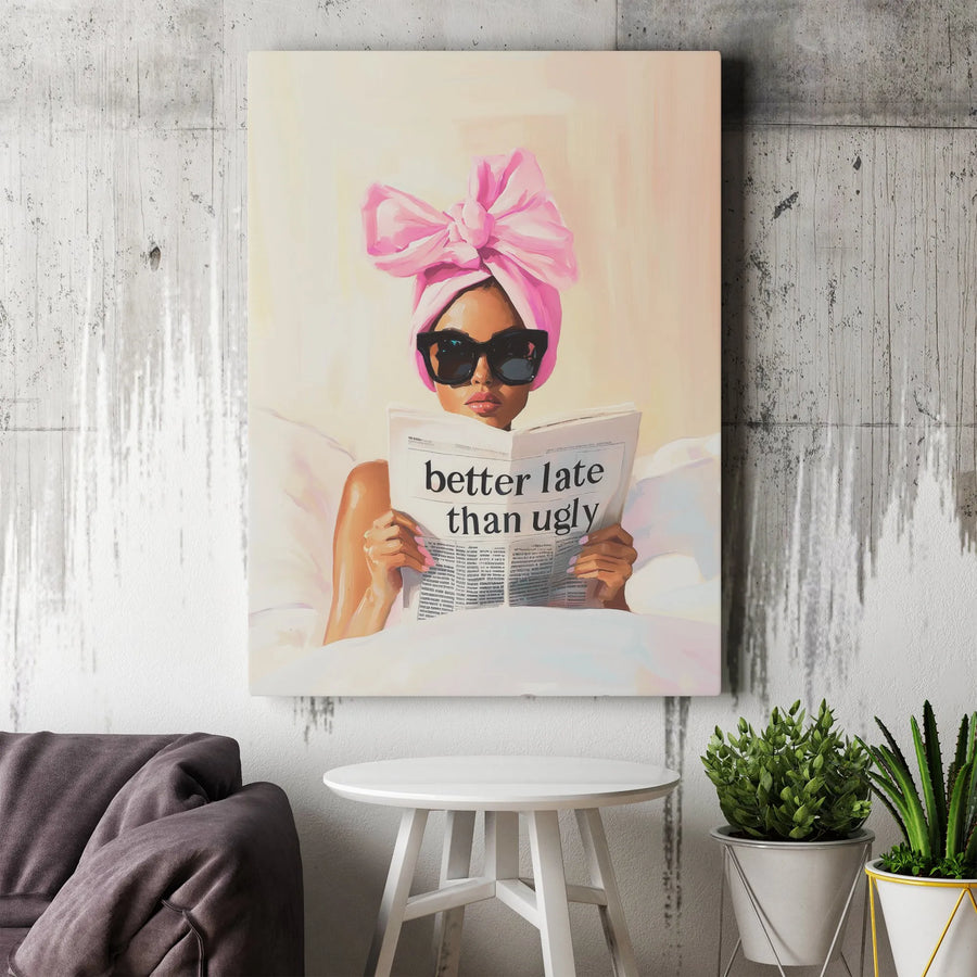 Better Late Than Ugly Wall Art | Stylish Woman with Pink Towel Wrap Decor | Premium Gallery-Wrapped Canvas | Funny Bedroom Bathroom Wall Decor Gift