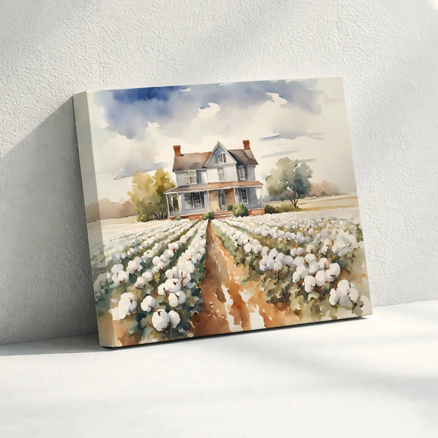 Farmhouse Wall Art | Watercolor Cotton Field Landscape | Premium Gallery Wrapped Canvas | Rustic Country Home Decor Gift