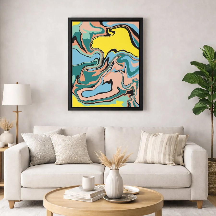 Abstract Liquid Marble Wall Art | Vibrant Yellow Teal and Peach Modern Decor | Premium Gallery Wrap Canvas | Statement Piece for Living Room