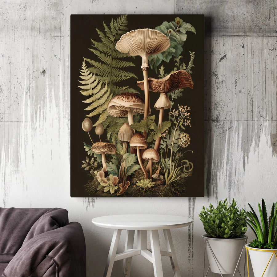 Vintage Botanical Mushroom Wall Art | Moody Forest Ferns Illustration | Premium Gallery Wrapped Canvas | Nature Lover Home Decor Gift