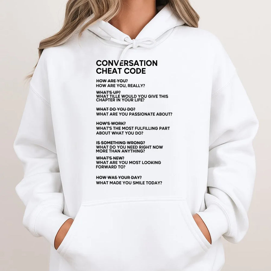 Conversation Cheat Code Hoodie | Social Anxiety Ice Breaker Questions | Premium Cotton Blend | Gift for Introverts, Public Speakers & Students