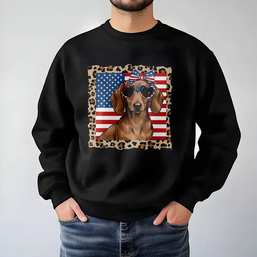 Patriotic Dachshund Sweatshirt | American Flag Dog with Sunglasses | Premium Cotton Crewneck | 4th of July Gift for Dog Lover