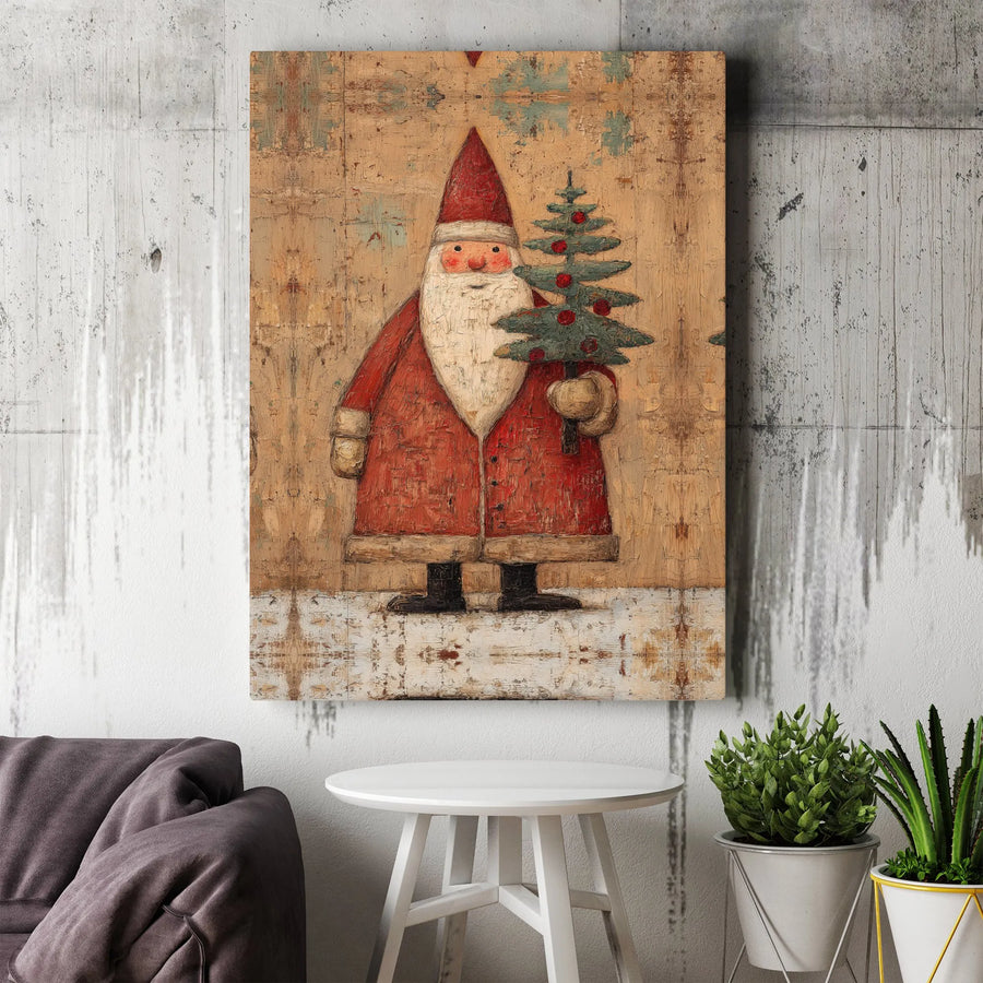 Rustic Folk Art Santa Claus Canvas | Vintage Christmas Tree Wall Decor | Premium 1.25" Gallery Wrap Print | Holiday Home Gift