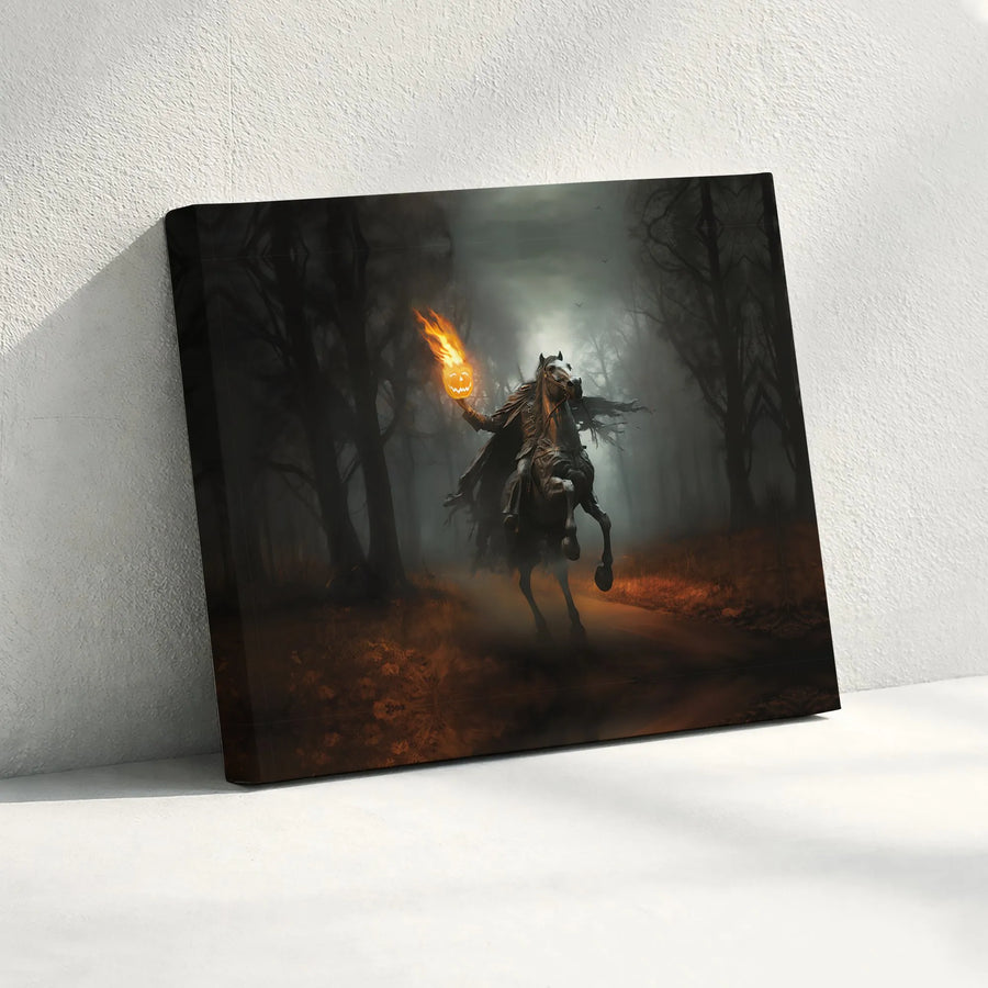 Headless Horseman Canvas Art | Gothic Flaming Pumpkin Wall Decor | Premium Fade-Resistant Gallery Wrap | Spooky Halloween Home Gift