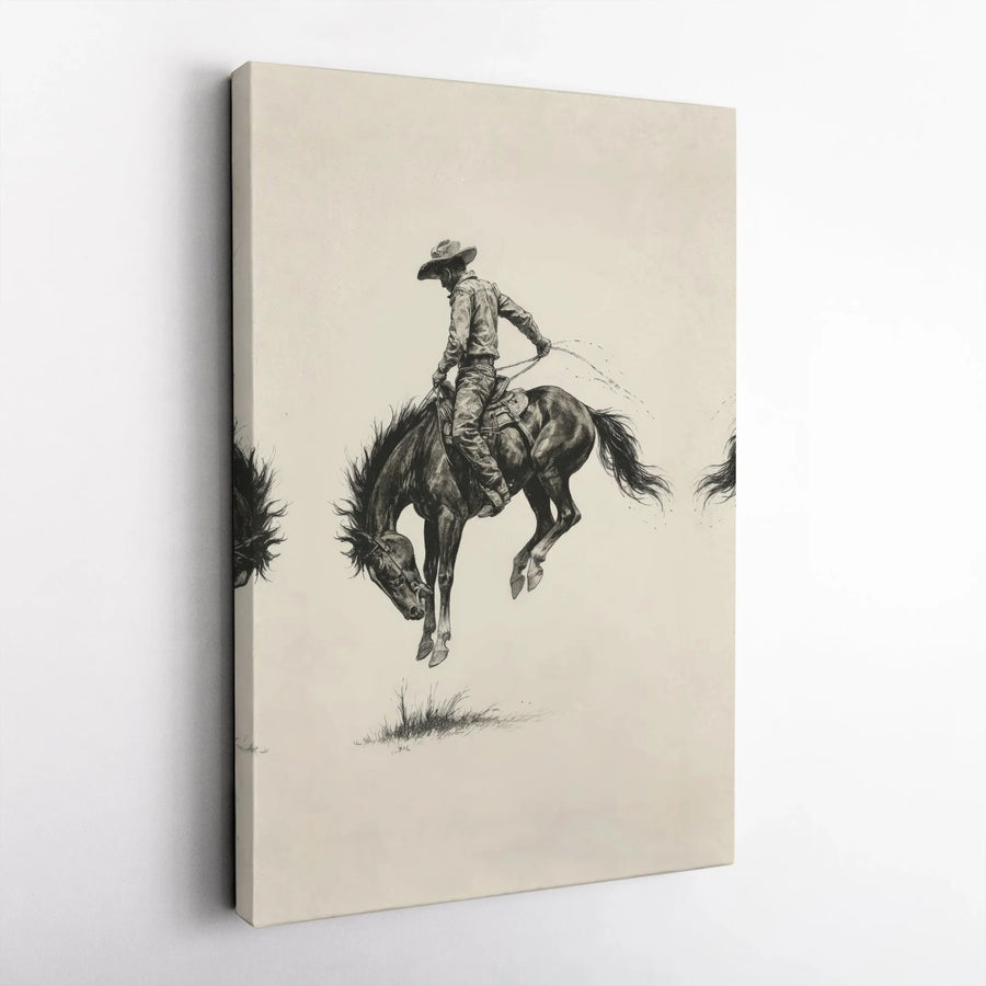 Bucking Bronco Cowboy Wall Art | Western Sketch Graphite Drawing | Gallery Wrap Premium Canvas | Rustic Decor Gift for Men