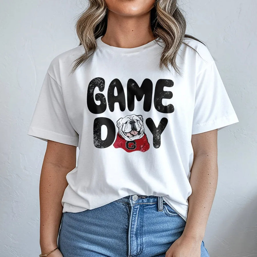 Game Day Bulldog T-Shirt | Vintage Distressed College Football Graphic | Premium Soft Cotton Tee | Cute Dog Fan Apparel Gift for Her and Him