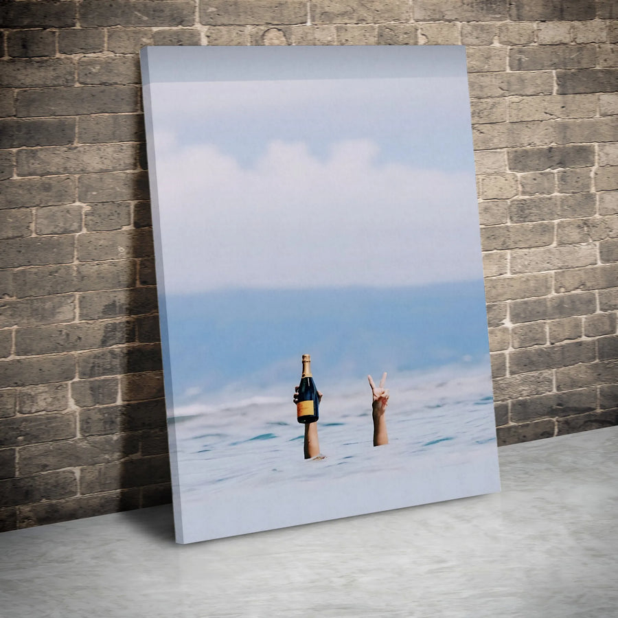 Coastal Champagne Peace Sign Canvas Wall Art | Summer Beach Ocean Aesthetic | Gallery-Quality Framed Print | Modern Home Decor Gift
