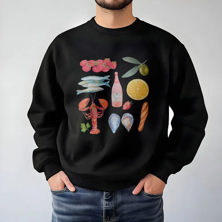 Mediterranean Food Graphic Sweatshirt | Watercolor Seafood & Wine Print | Premium Soft Cotton | Coastal Summer Unisex Foodie Gift