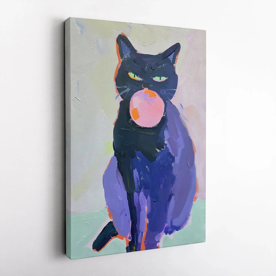 Black Cat Bubble Gum Canvas Wall Art | Funny Moody Animal Painting Print | Thick Gallery Wrap Canvas | Collector's Gift for Cat Lover