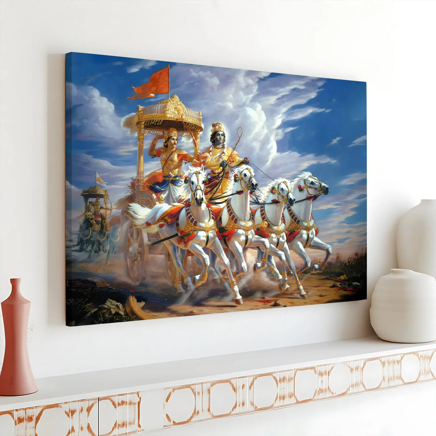 Krishna Arjuna Chariot Canvas Print | Mahabharata Battlefield Wall Art | 1.25 Inch Gallery Wrap | Hindu Spiritual Gift for Home Office