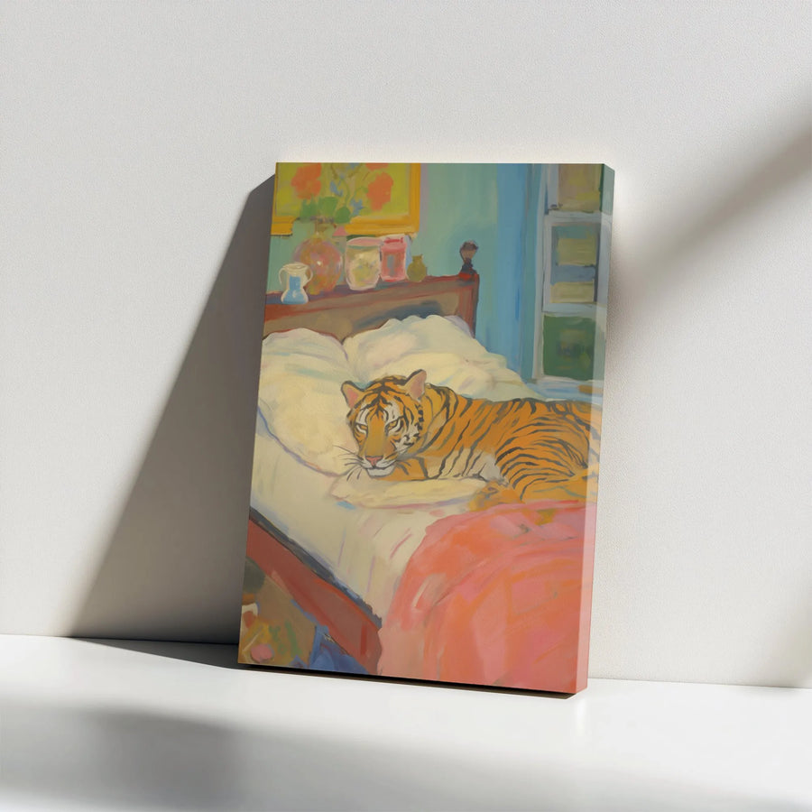 Tiger In Bed Canvas Print | Impressionist Wildlife Wall Art | Gallery Wrapped Premium Material | Unique Bedroom Decor For Animal Lovers
