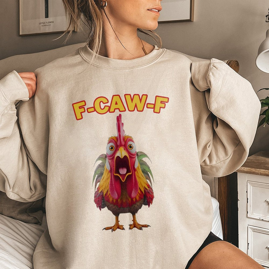 Rooster Sweatshirt | Funny F-CAW-F Pun Graphic | Premium Cotton Blend | Humorous Farm Animal Gift For Chicken Lovers Men Women