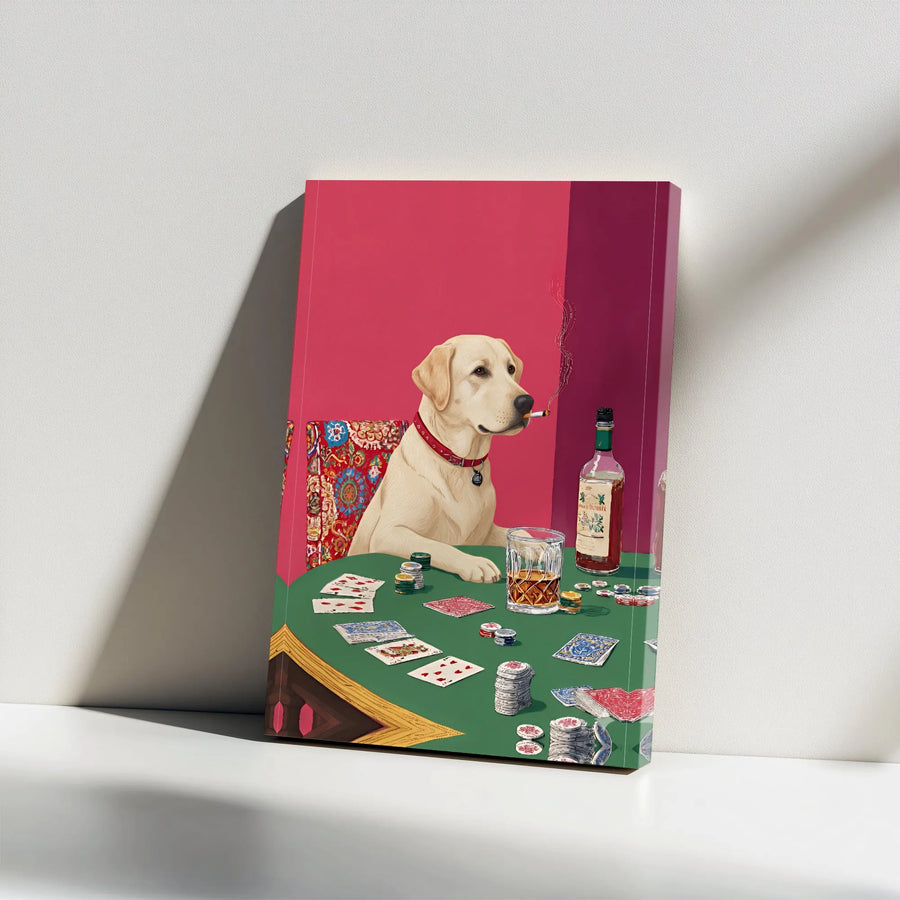 Yellow Lab Playing Poker Canvas Wall Art | Funny Dog Smoking at Card Table | Premium Gallery Wrapped Print | Man Cave Decor Gift for Dog Lover