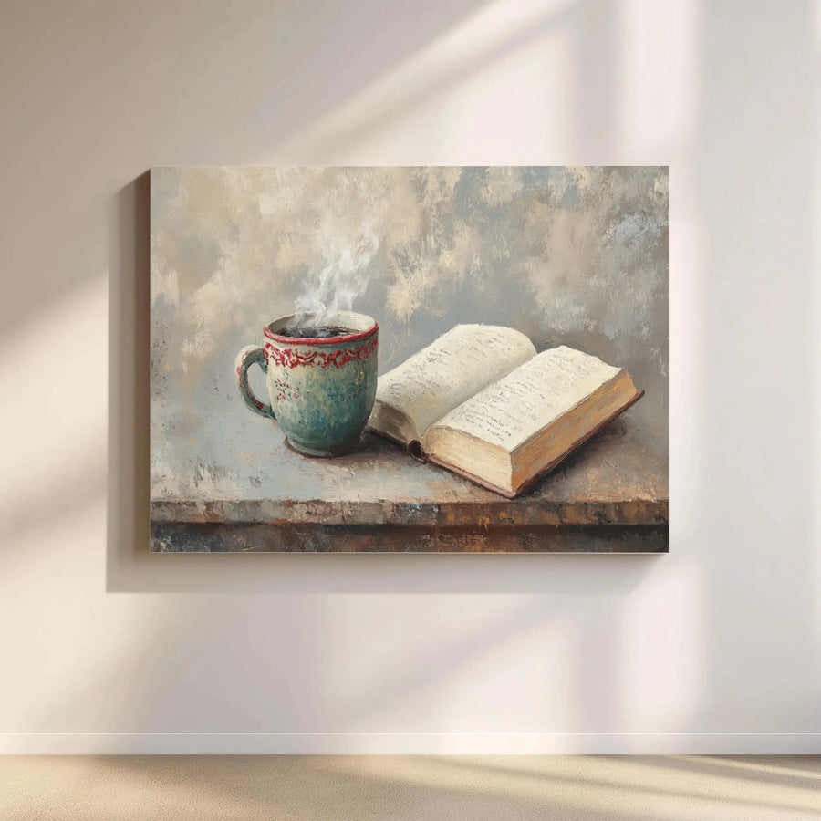 Coffee and Book Still Life Canvas Print | Cozy Cafe Oil Painting Style Wall Art | 1.25" Thick Premium Gallery Wrap | Home Office Decor Gift
