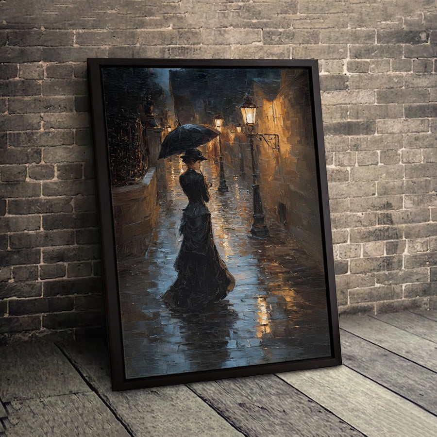 Victorian Street Scene Canvas Print | Moody Rainy Lamplit Path | Gallery-Quality 1.25-Inch Profile | Artistic Home Decor Gift