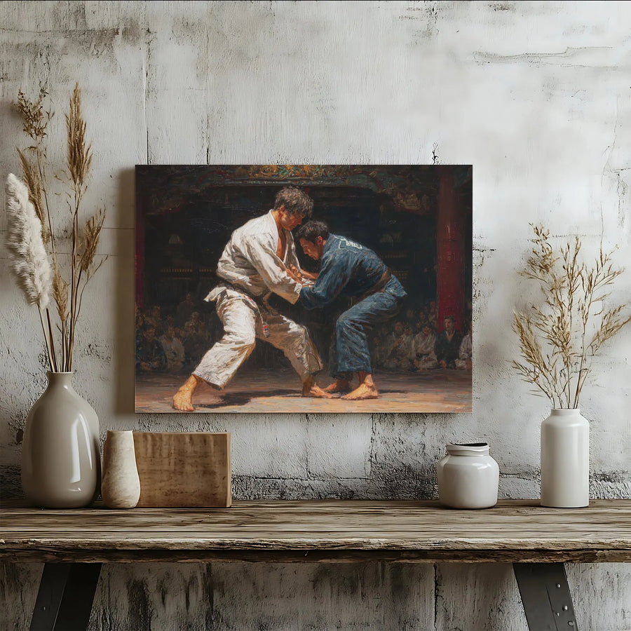 Judo & Jiu Jitsu Canvas Wall Art | Classic Grappling Match Painting | Premium Fade-Resistant Print | Gift for Martial Artist, Dojo Decor