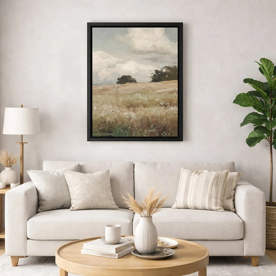 Vintage Landscape Canvas Art | Cloudy Meadow Field Oil Painting Style | Premium Gallery Wrap Wall Decor | Farmhouse Aesthetic Living Room Wall Art