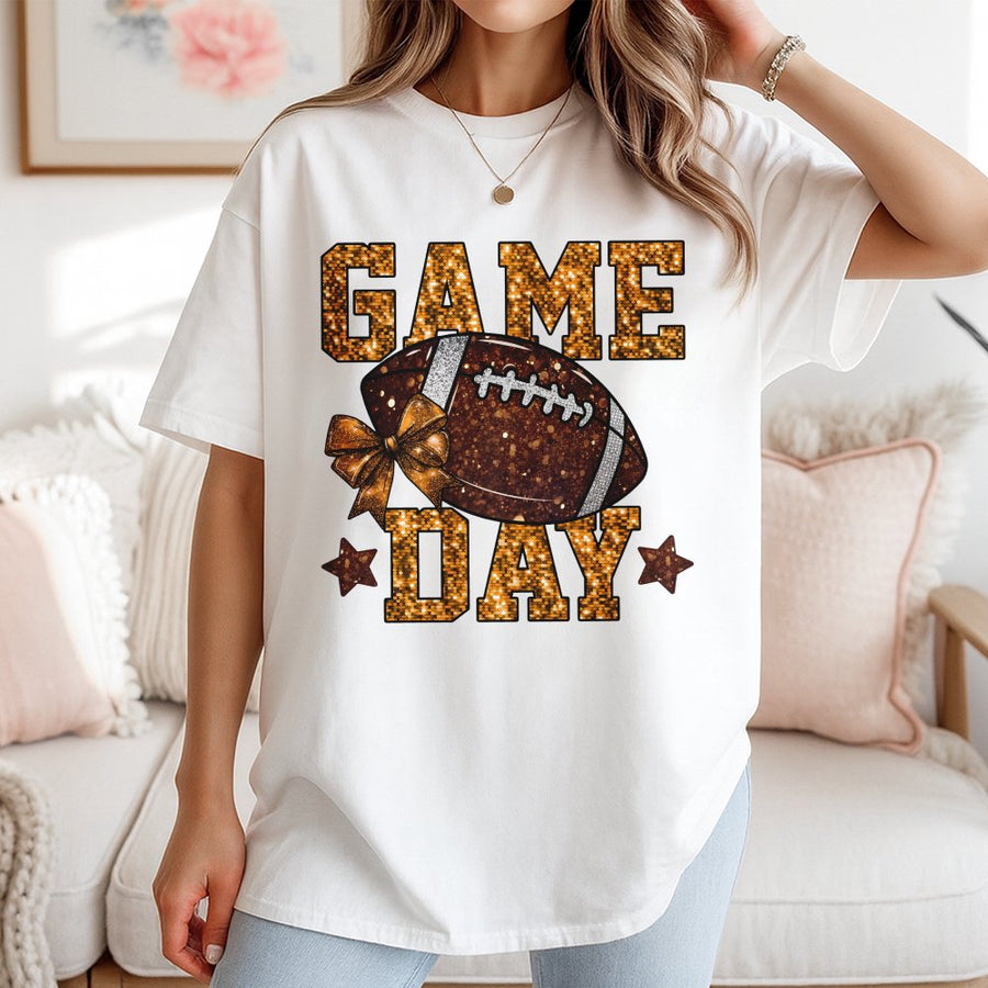Game Day Football T-Shirt | Glitter Bow & Stars Graphic Design | 100% Cotton Premium Tee | Trendy Football Mom Apparel Gift