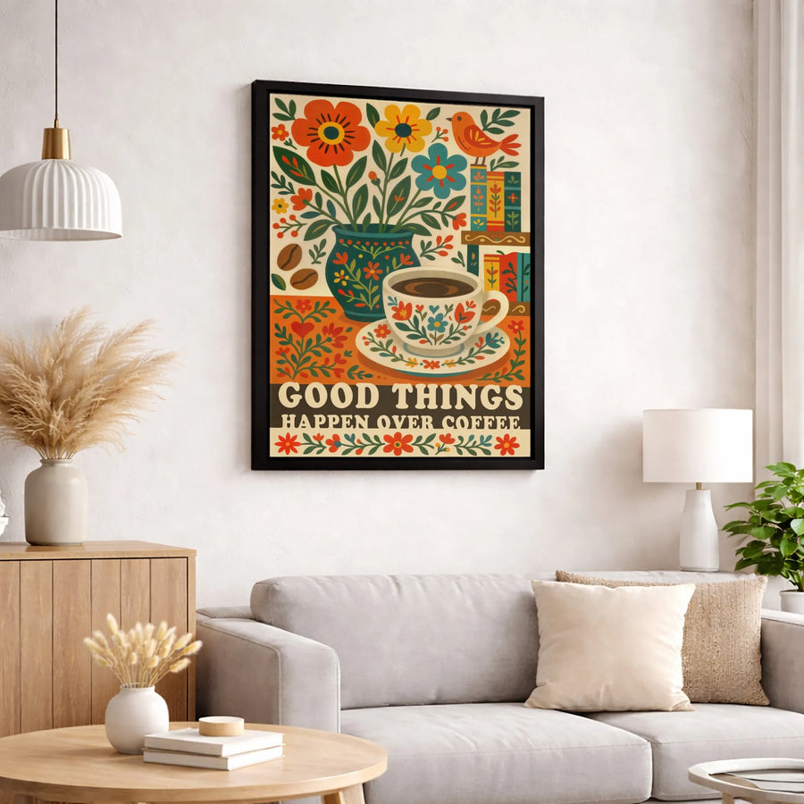 Good Things Happen Over Coffee Canvas | Retro Folk Art Floral Illustration | Premium 1.25-inch Gallery Wrapped Print | Kitchen Wall Decor Gift